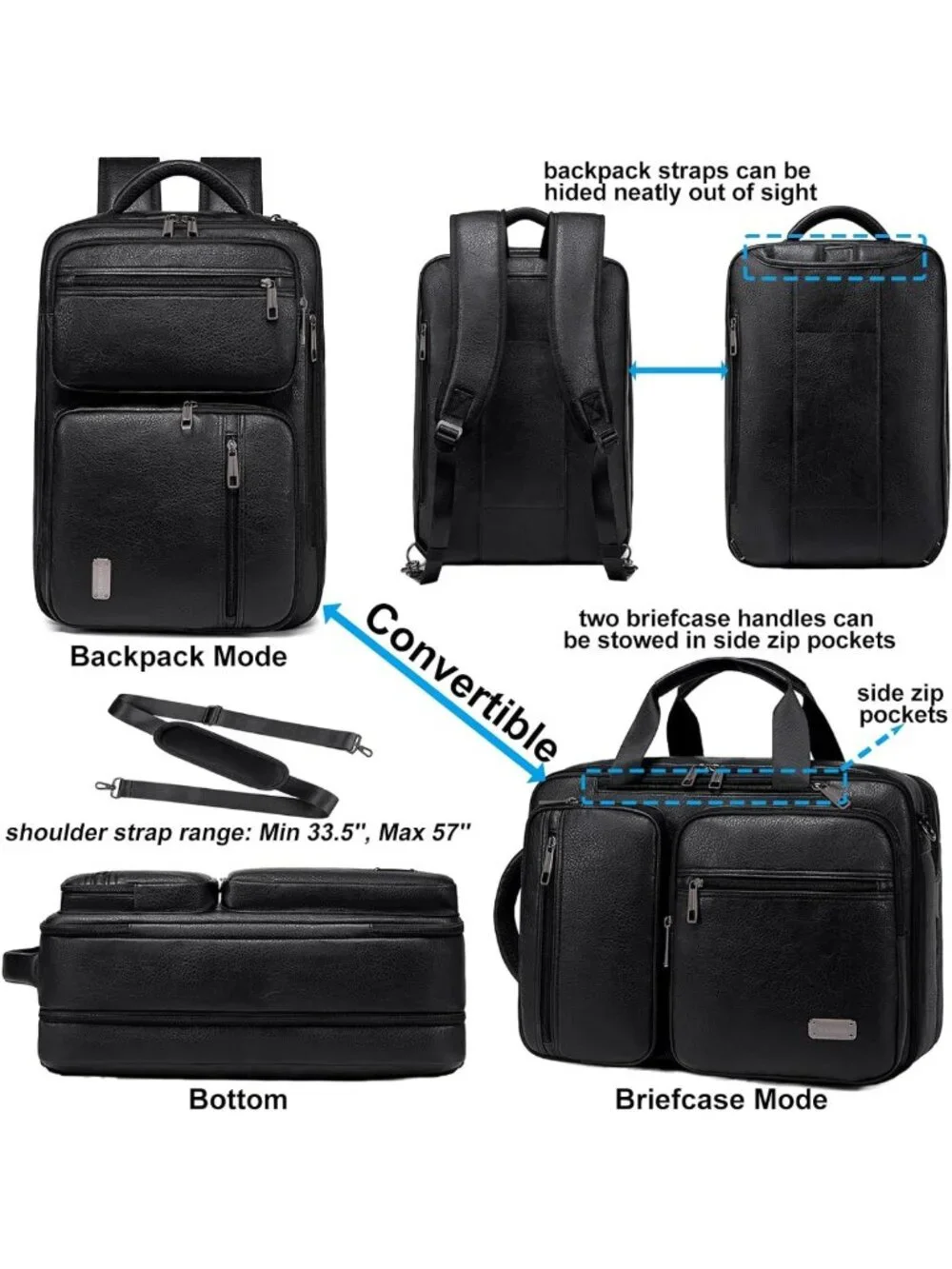 3-in-1 Vegan Leather Convertible Laptop Bag - Expandable Travel Backpack
